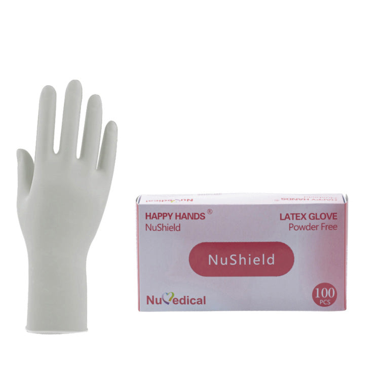 HAPPY HANDS NuSHIELD LATEX EXAM GLOVES POWDER FREE, 100PCS/Box, BX SIZE(CM) 24 L X 12 W X 8 H