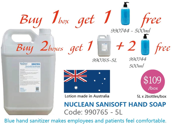 NuClean Sanisoft Hand Soap, Australian Material, 5L(5000ml) x 2 and 500ml x 1, $54.50/5L,  990765