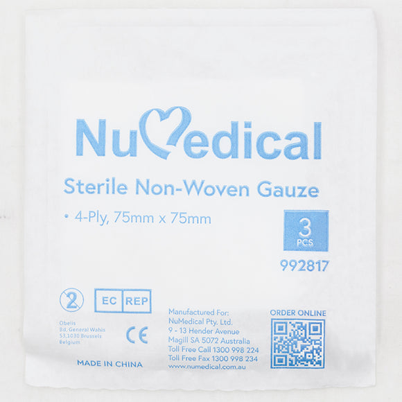 Sterile Non-Woven Gauze, 4ply 75mm x 75mm, $0.158 per Piece, 992817 - numedical
