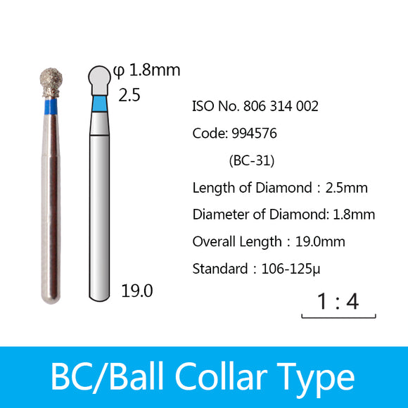 Diamond Bur - Ball Collar Type, 994576, 994577, 994578, 994579, 994580, 994645, 994646, 994647, 994648 - numedical